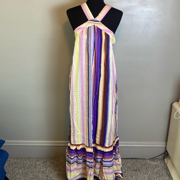 VENUS Boho Striped Maxi Dress Y-Neck Crisscross Back Tiered Hem Vertical L - Picture 1 of 8